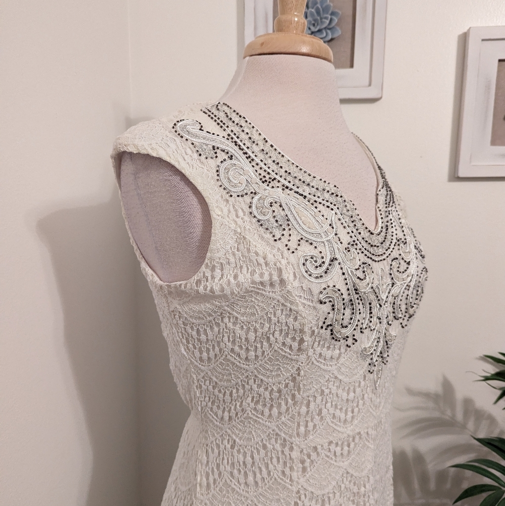 Reba Vintage Lace Boho Embroidered Beaded Cap Sleeve Midi Dress Cream Medium - Picture 4 of 8